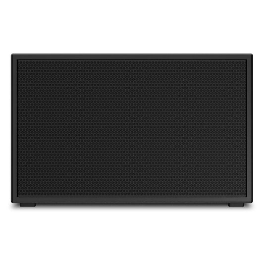 PL-SUB subwoofer front view of textured black hex-pattern grille and rounded cabinet edges, Q-SYS