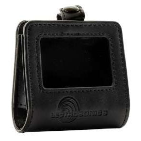 PR1B protective pouch front view in black leather with clear window cutout, embossed Lectrosonics logo and snap closure tab at top, Lectrosonics