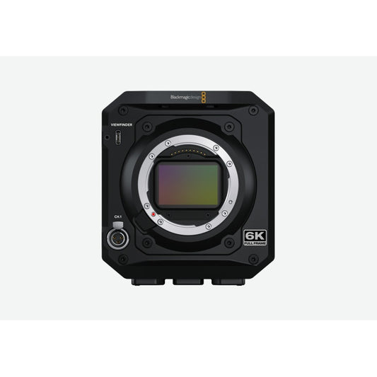 Blackmagic Design PYXIS 6K front view with full frame sensor exposed at open L-Mount and CH.1 audio input