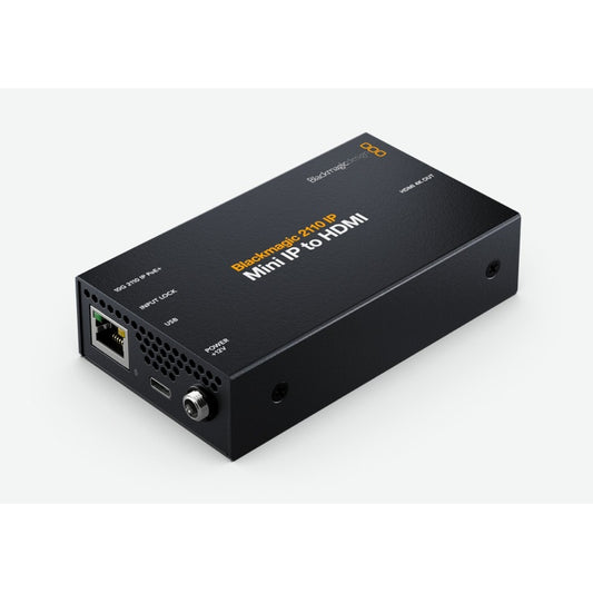 Blackmagic 2110 IP Mini IP to HDMI converter angled rear view with 10G Ethernet, USB-C and 12V power