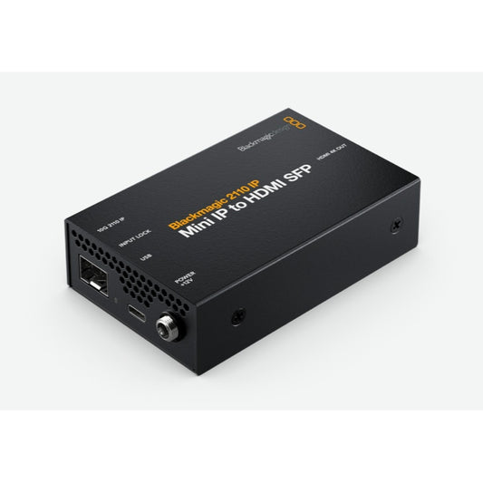 Blackmagic 2110 IP Mini IP to HDMI SFP converter angled rear view with SFP cage, USB-C and locking power connector