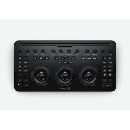 Blackmagic Design DaVinci Resolve Micro top view with labeled grading buttons, 12 knobs and three trackballs