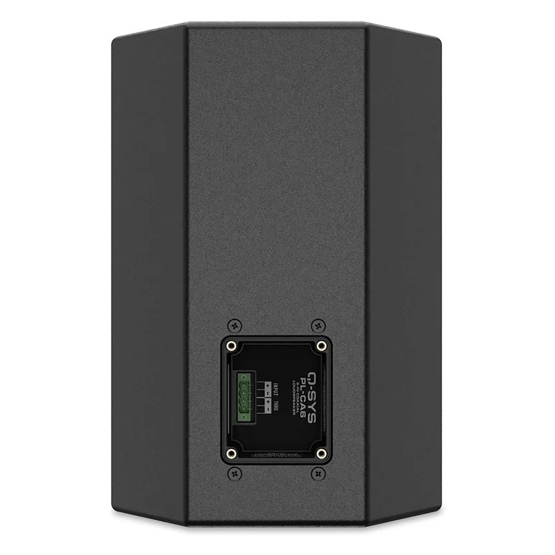 PL-CA6 rear panel detail with branded input plate and recessed terminal block, Q-SYS