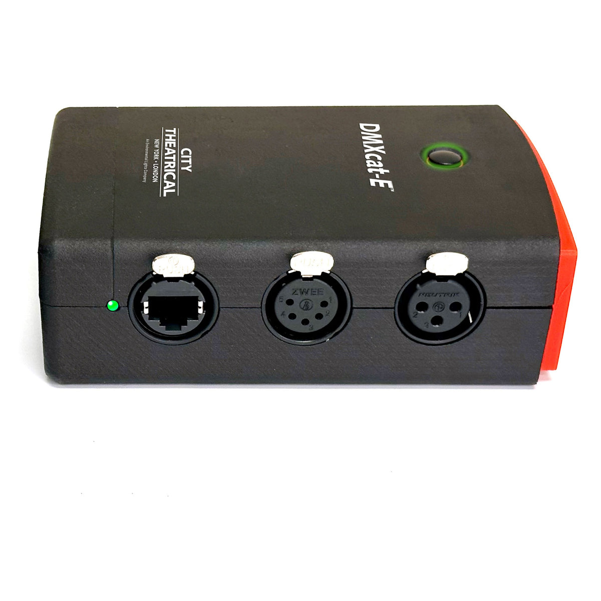 DMXcat-E 6100 angled view of Neutrik etherCON, 5-pin and 3-pin XLR connector bank with green LED, City Theatrical