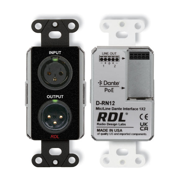 RDL DB-RN12 Wall-Mounted Bi-Directional Mic/Line Dante Interface 1x2