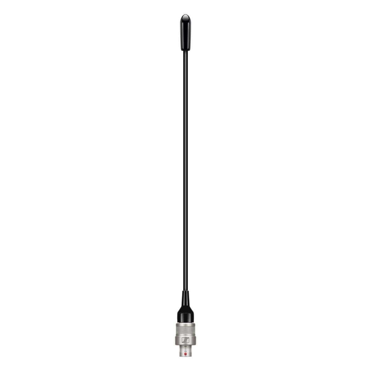 Spectera SEK flexible bodypack antenna front view, long black flexible whip with rounded tip and nickel-finish locking connector with red alignment dot, Sennheiser
