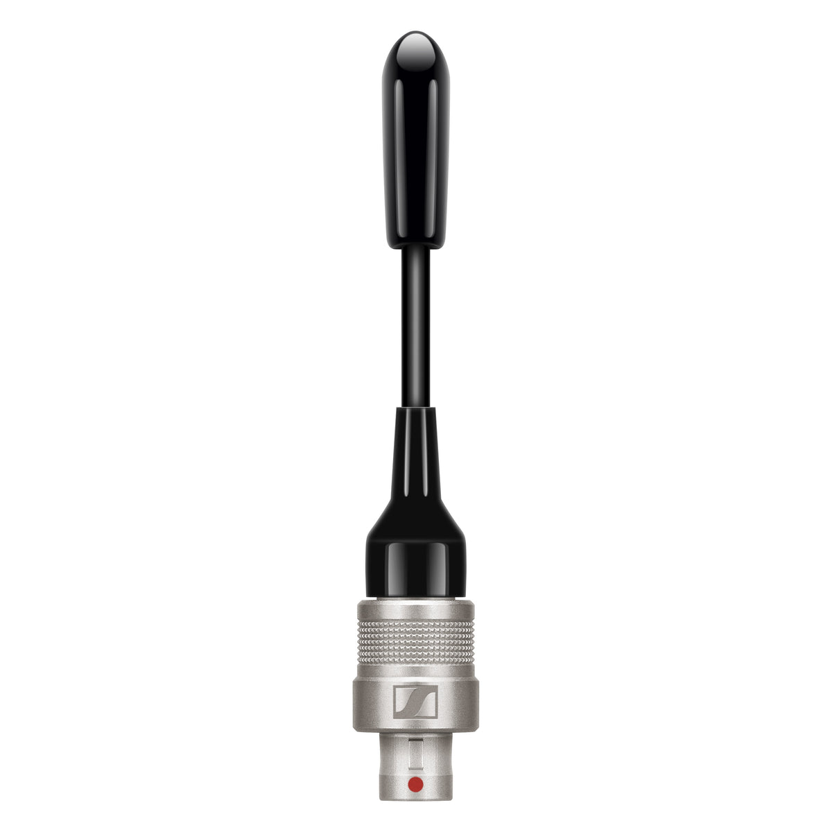 Spectera SEK flexible bodypack antenna front view with black flexible whip and knurled silver connector with red alignment dot, Sennheiser
