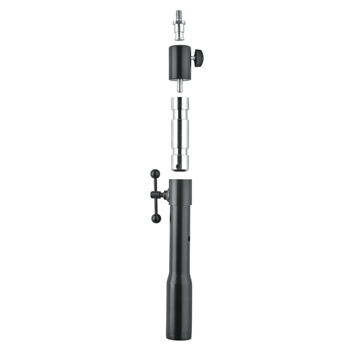 66390 TV spigot adapter exploded view showing threaded stud, swivel knob head, chrome spigot connector and black T-handle base tube, K&M