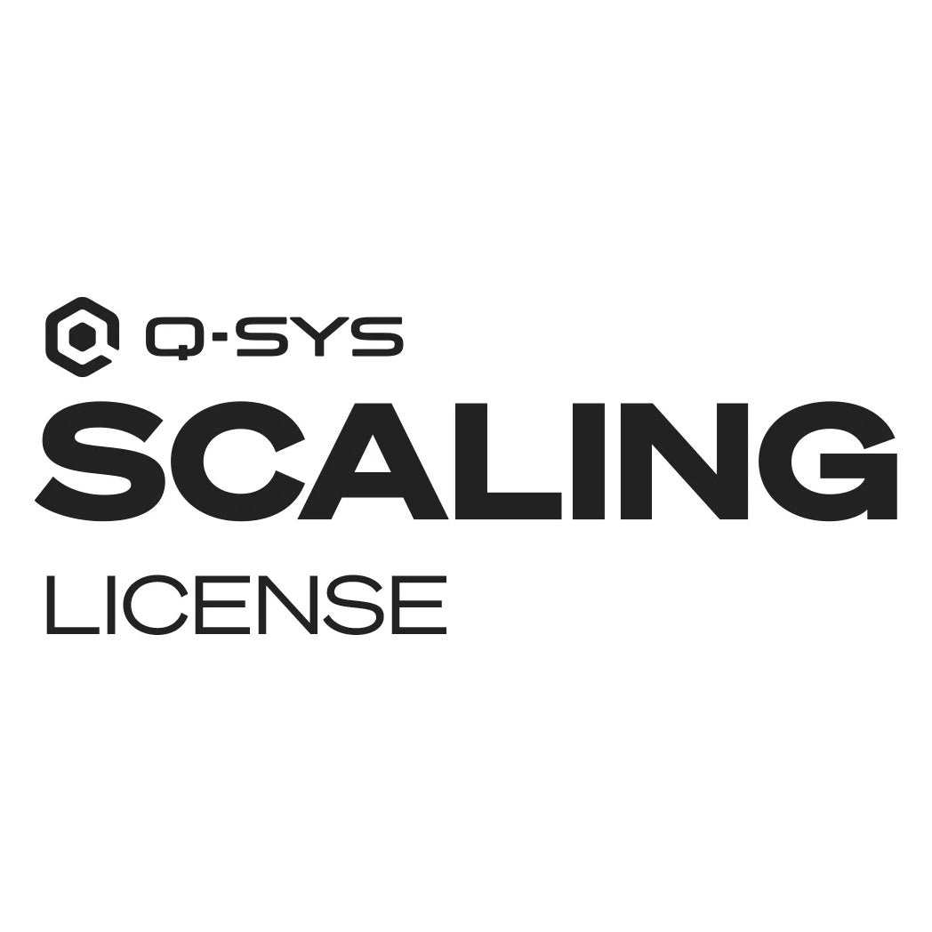 SLCS20-8N-P Scaling License product banner with hexagon logo and black Scaling License wordmark on white, Q-SYS