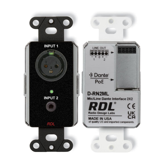 RDL DB-RN2ML Wall-Mounted Bi-Directional Mic/Line Dante Interface 2x2
