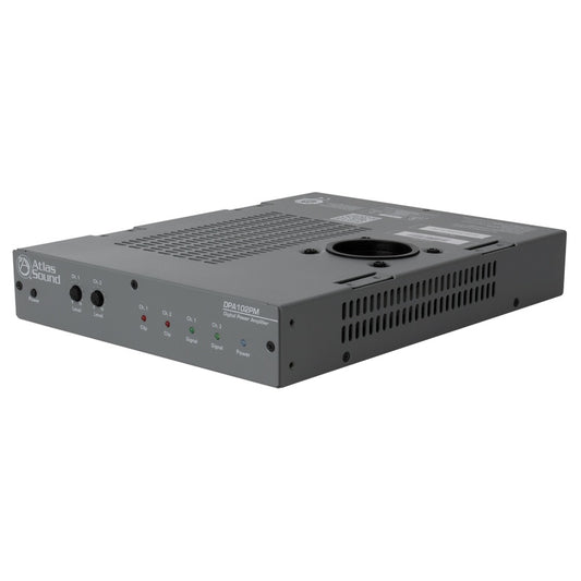 DPA-102PM pole mount power amplifier angled front view with Ch. 1 and Ch. 2 level knobs, clip and signal LEDs, and top-panel mount cutout, AtlasIED