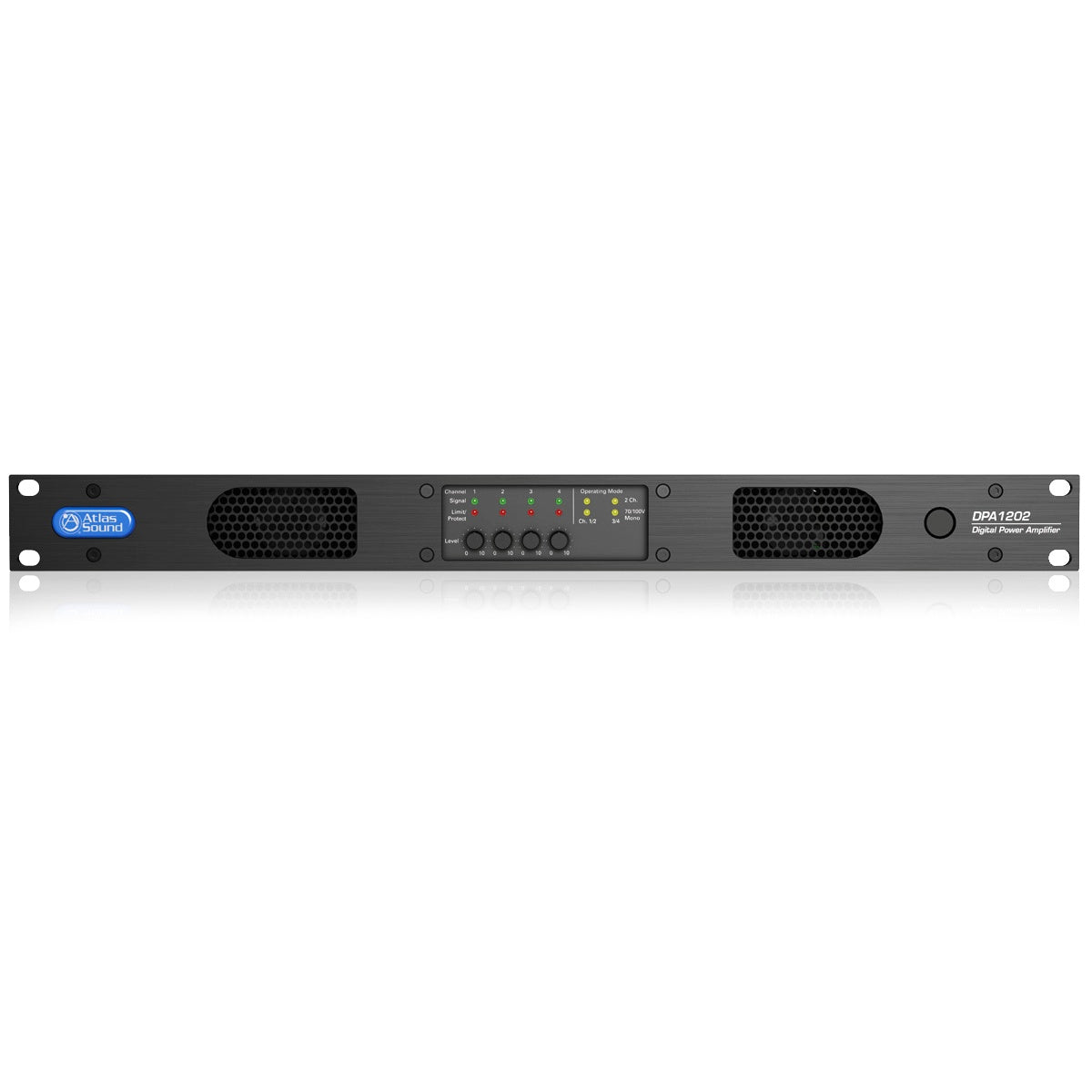 DPA1202 1RU front panel with four channel level knobs, signal/limit LEDs and operating mode indicators, AtlasIED