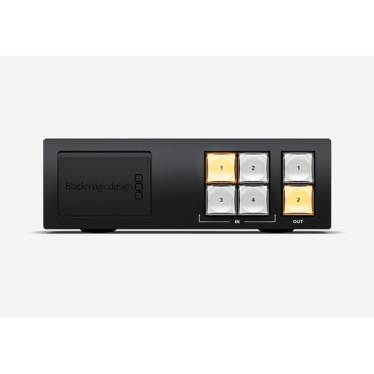 Blackmagic Design Videohub Mini 12G front panel with four IN and two OUT backlit selection buttons