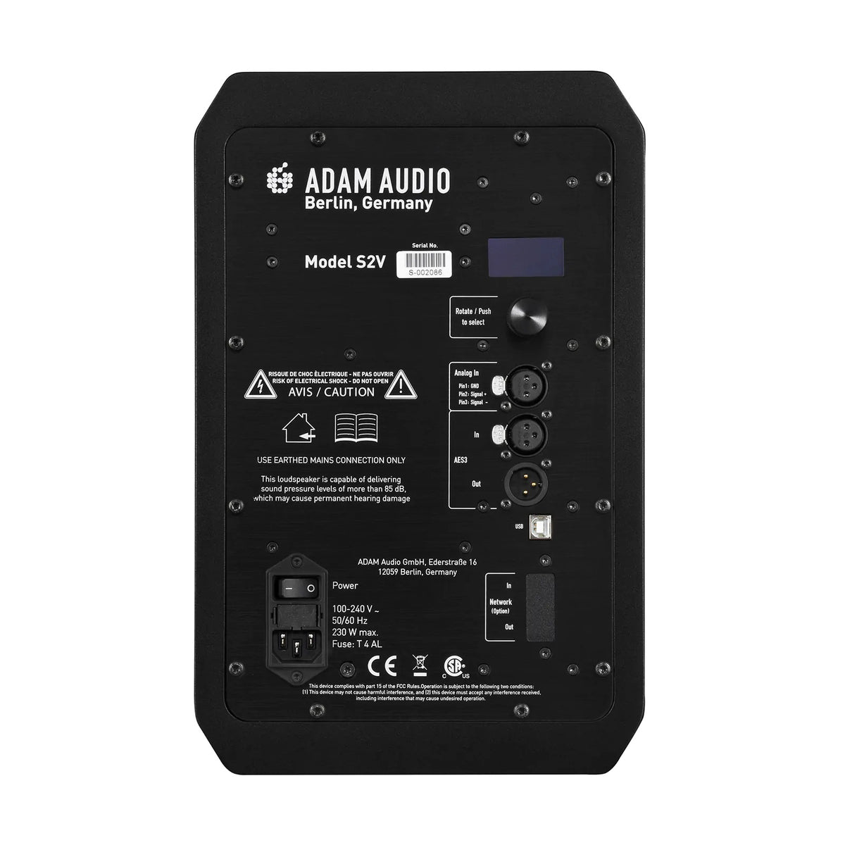 ADAM Audio S2V rear panel with XLR analog and AES3 inputs, USB, rotary DSP control, and IEC power inlet