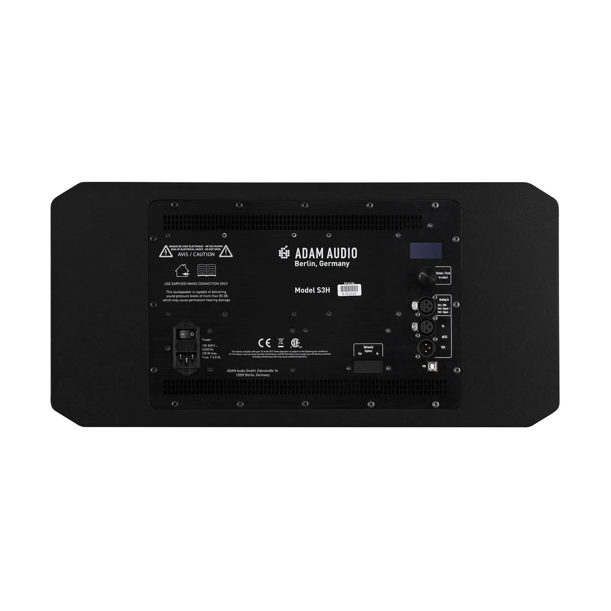 Adam Audio S3H rear panel with XLR inputs, IEC power inlet, display, and rotary control knob