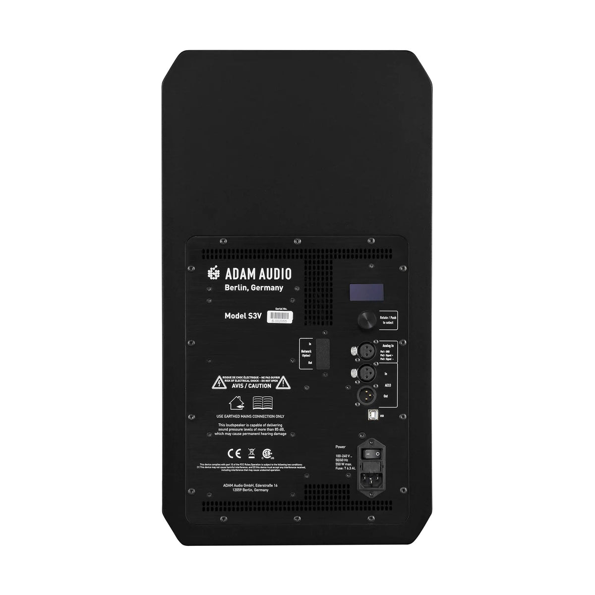 ADAM Audio S3V rear panel with XLR analog and AES3 inputs, DSP display, rotary encoder, and power inlet