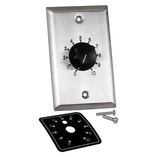 AtlasIED E408-100 70.7V attenuator on stainless steel plate with 0-10 knob, black dial label, and mounting screws