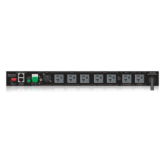ECS-204 20A power conditioner and sequencer rear panel with sequenced NEMA outlets, DIP switches, RJ45 link out and lamp XLR, AtlasIED
