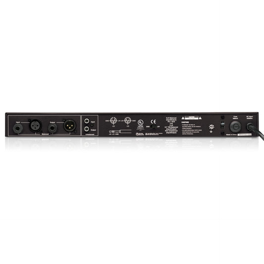 EQM131 1/3 octave graphic equalizer rear panel with balanced XLR and 1/4-inch TRS input/output jacks, RCA unbalanced connectors, ground lift switch and AC input, AtlasIED