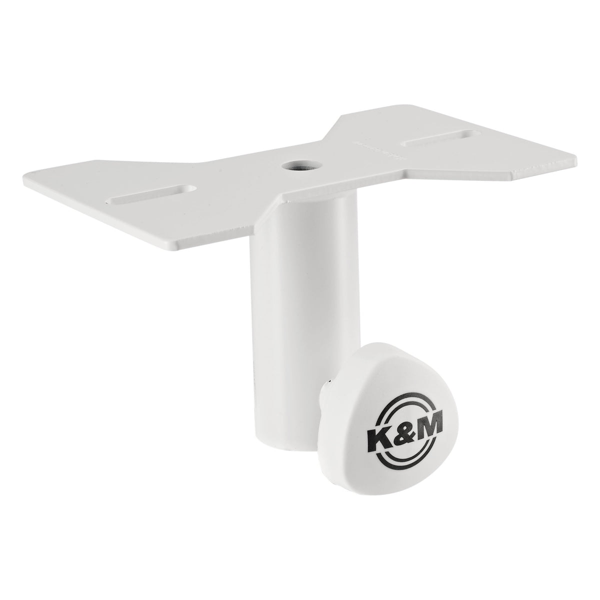 195/8 speaker stand mounting adapter in pure white, angled front view showing the slotted top plate, central threaded hole and K&M logo clamping knob on the slip-on tube, K&M