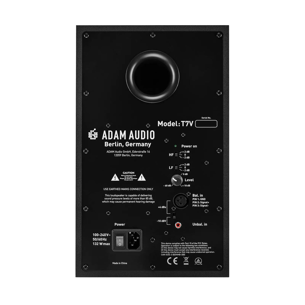 ADAM Audio T7V rear panel with rear port, HF and LF trim switches, level knob, XLR and RCA inputs