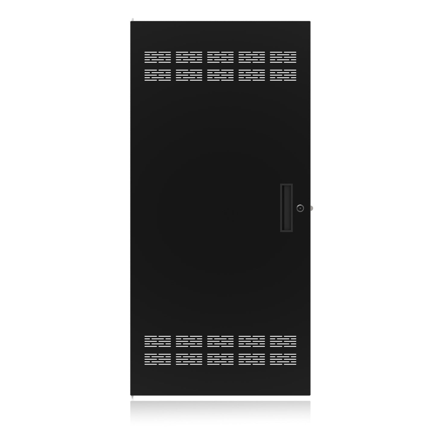 AtlasIED FRD24 flush rear rack door in black with top and bottom vent slots and recessed latch