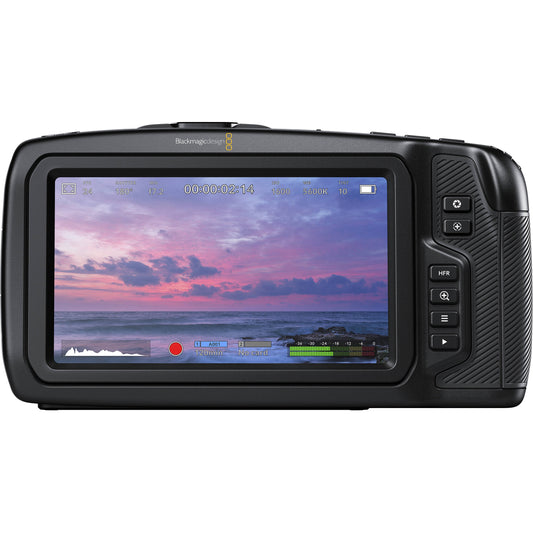 Blackmagic Design Pocket Cinema Camera 4K rear touchscreen showing live view with recording status and audio meters