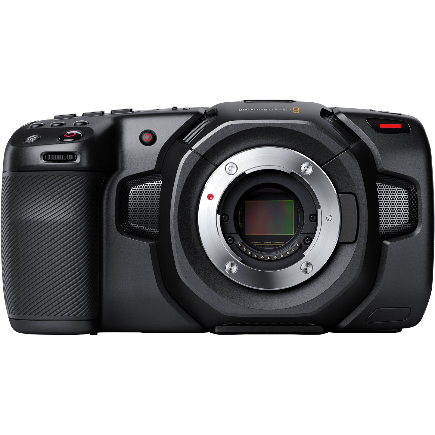 Blackmagic Design Pocket Cinema Camera 4K straight-on front view of bare lens mount and built-in mic ports