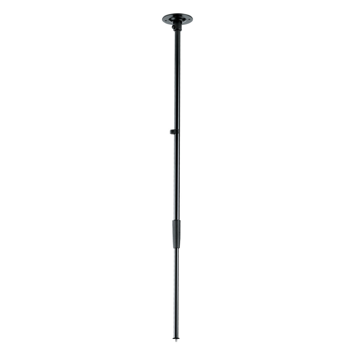 22150 ceiling microphone mount full-length front view with round ceiling flange, telescoping black rod and clamp collar, K&M