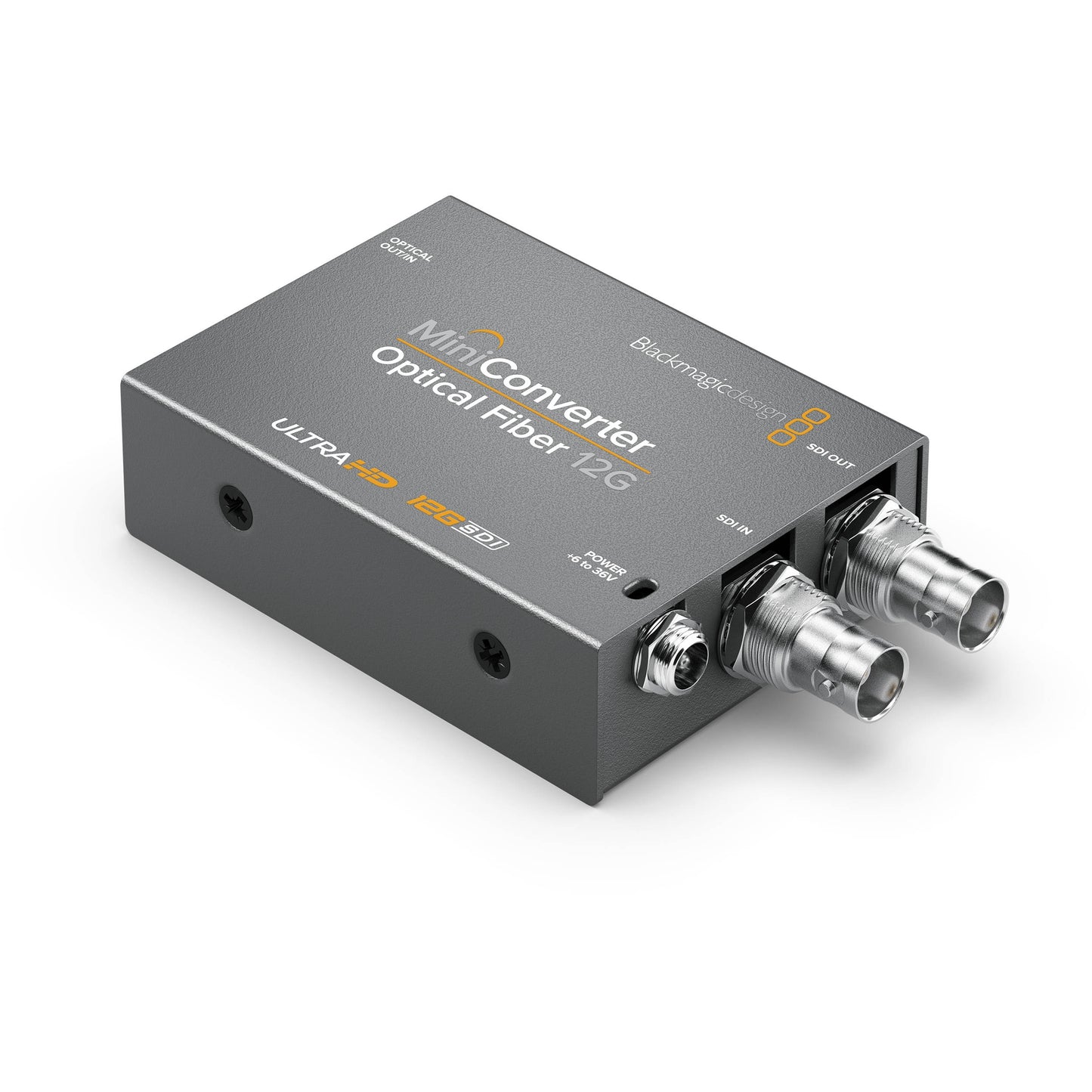 Blackmagic Design Mini Converter Optical Fiber 12G angled view of BNC SDI connectors and power jack