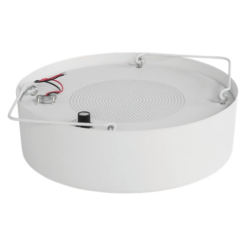 M1000R-W angled view of round white enclosure with perforated grille, wire hanger and 4-watt tap knob, AtlasIED