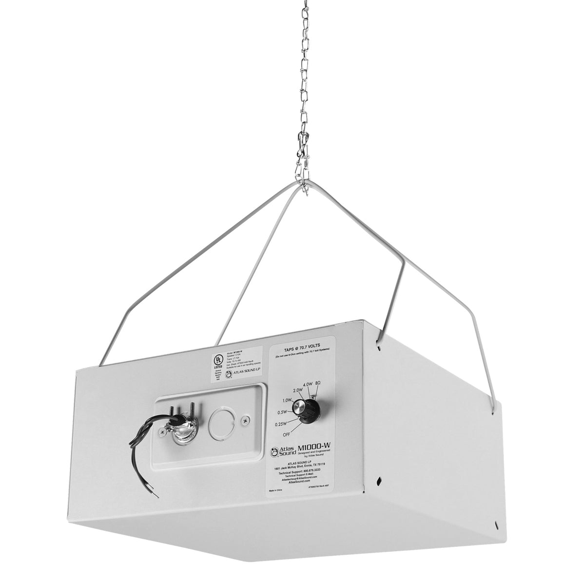 M1000-W shown chain-suspended above ceiling with 4-watt 70V transformer tap switch visible, AtlasIED