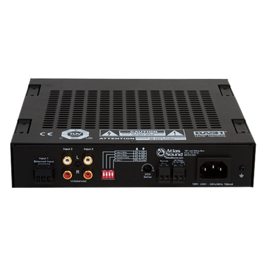 MA40G rear panel showing balanced Phoenix Input 1, RCA unbalanced Inputs 2 and 3, DIP switches, VOX sense control and IEC power inlet, AtlasIED