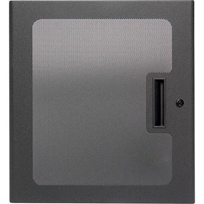 AtlasIED MPFD14 micro perf rack door in black with vented panel, recessed handle, and lock
