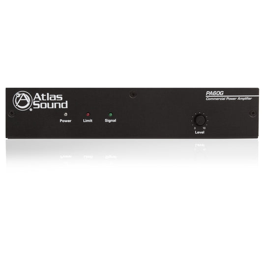 PA60G 60W 70V amplifier front panel with Power, Limit and Signal LEDs and Level knob, AtlasIED
