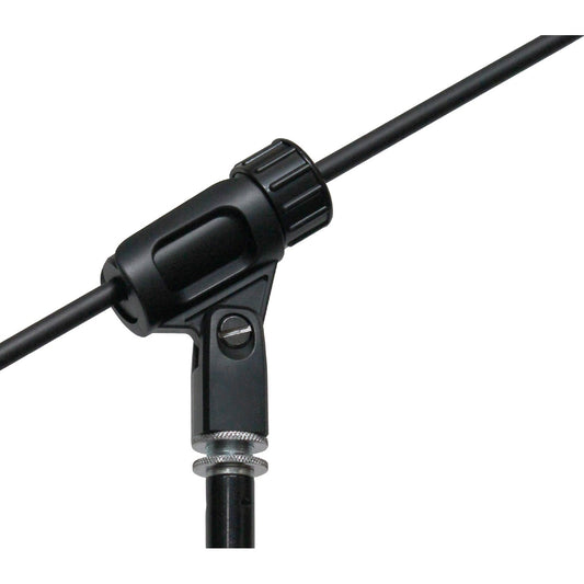 Close-up of the CSM-60C boom clutch and mic clip mount with knurled tightening knob on the stand shaft
