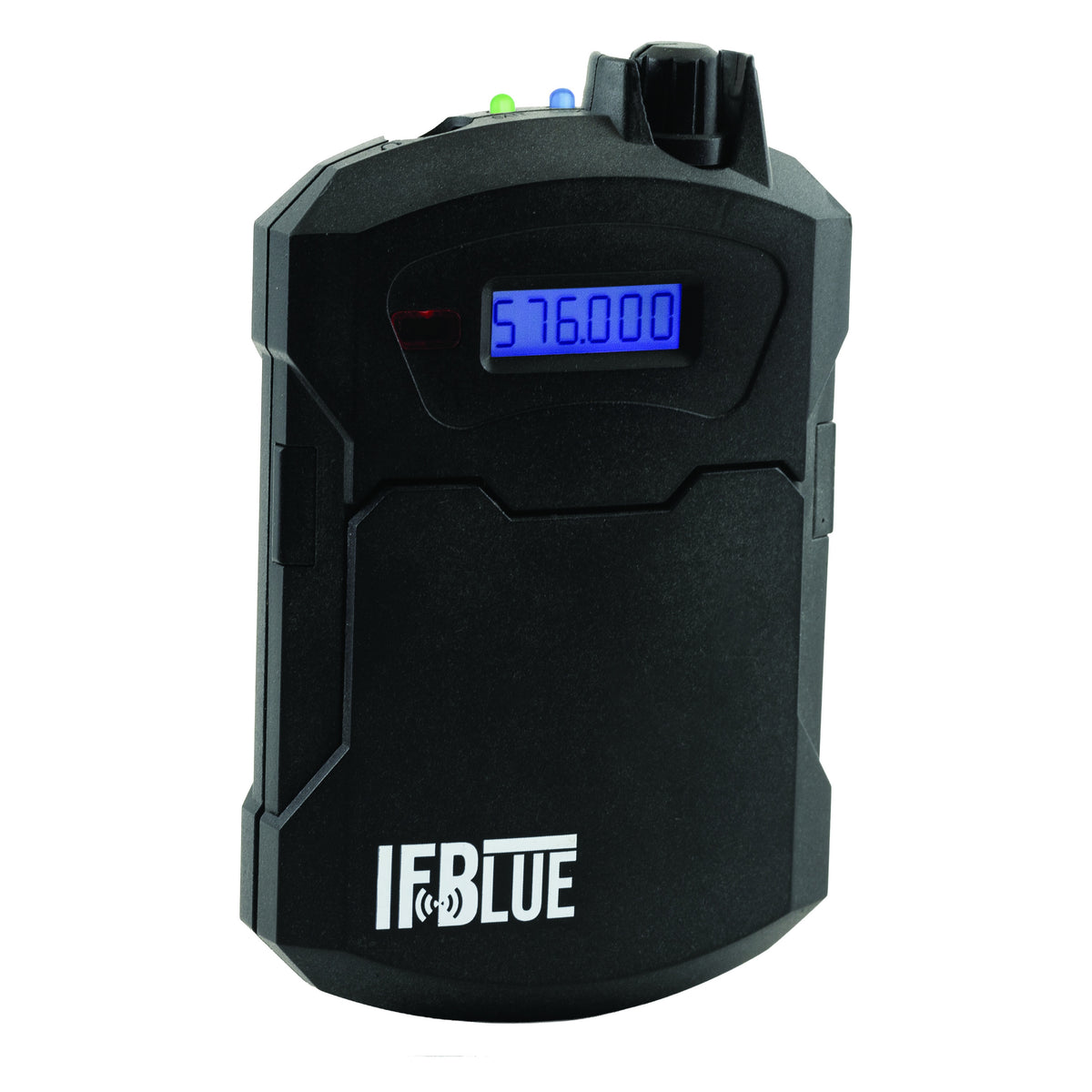 IFBR1C IFBlue bodypack IFB receiver angled front view with blue LCD showing 576.000 MHz and volume knob, Lectrosonics