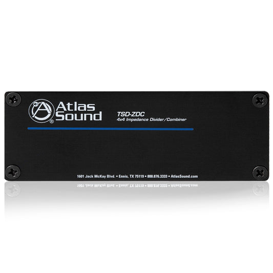 Atlas Sound TSD-ZDC front panel with Atlas Sound logo, blue stripe, and impedance divider/combiner label