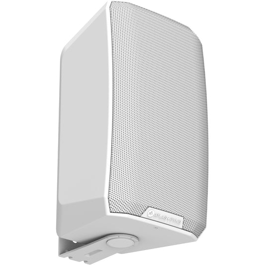 AtlasIED FS-6T-W angled view showing tapered white enclosure and attached wall mount bracket