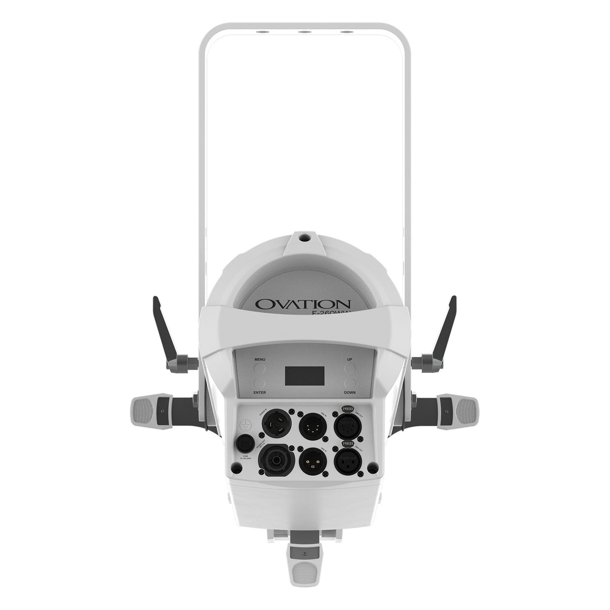 Ovation E-260WW white ellipsoidal fixture, rear panel showing display, menu buttons, power and DMX XLR connectors, Chauvet Pro