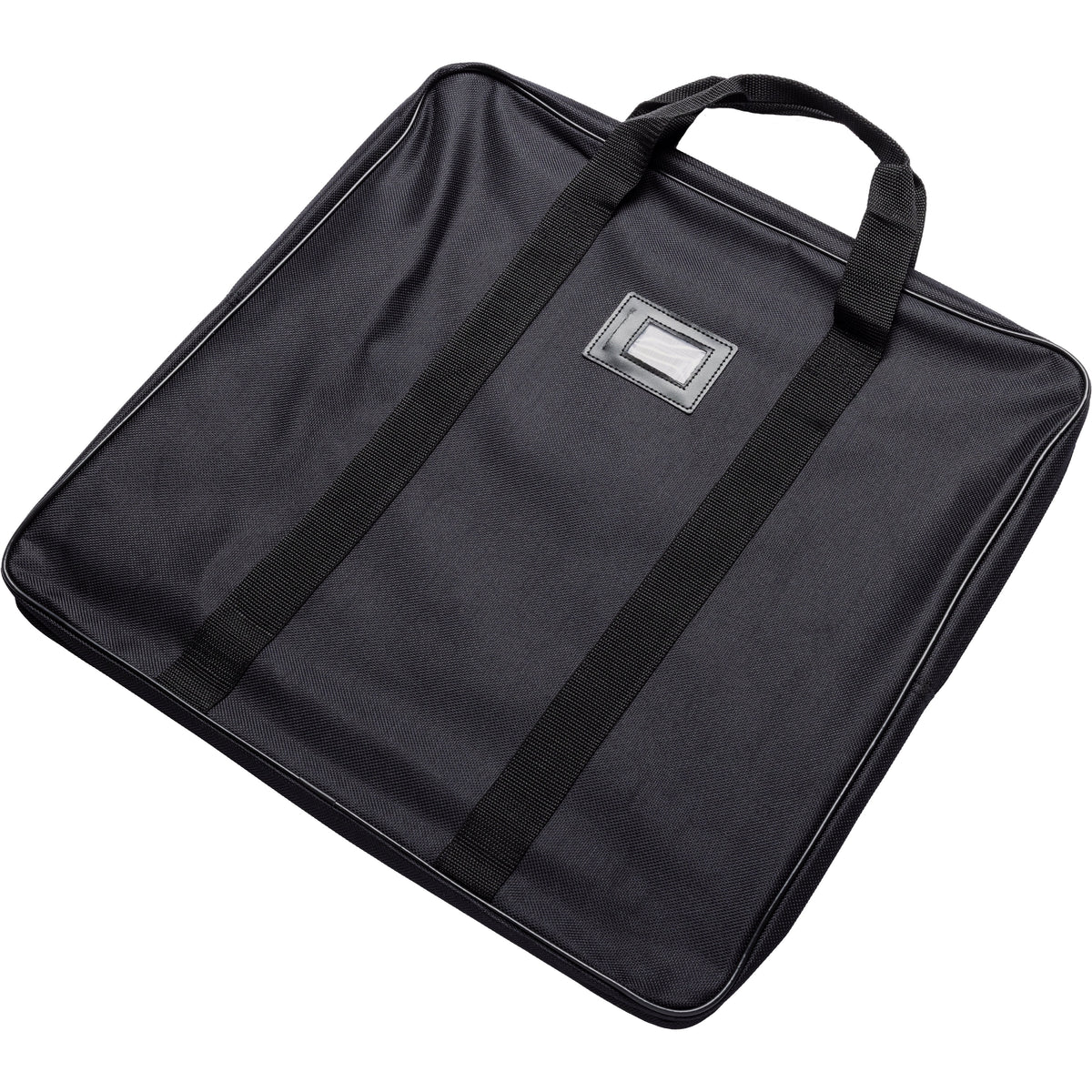 246 Series base plate carrying case, 489 x 489 mm, angled top view showing black nylon body, webbing carry handle and clear ID label window, K&M