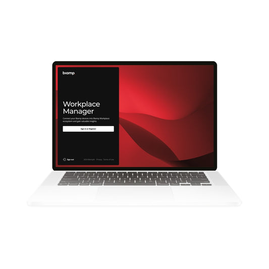 Biamp Workplace Manager sign-in screen shown on a laptop for license activation