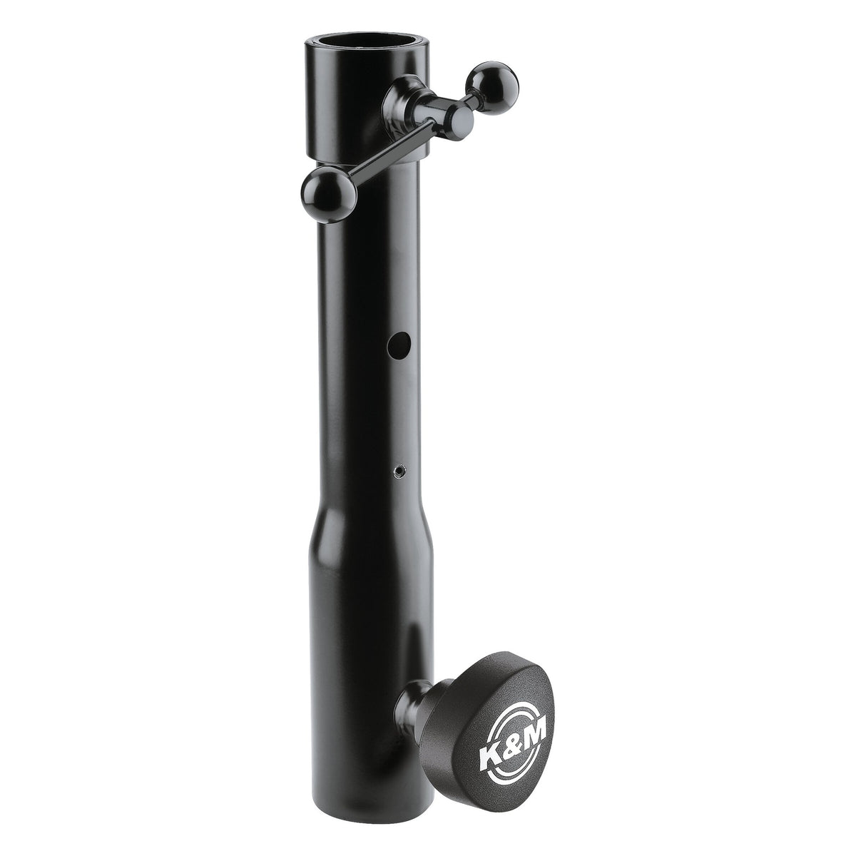 66360 steel connection sleeve front view showing black tube with ball-ended T-handle clamp at top and K&M logo locking knob at base, K&M