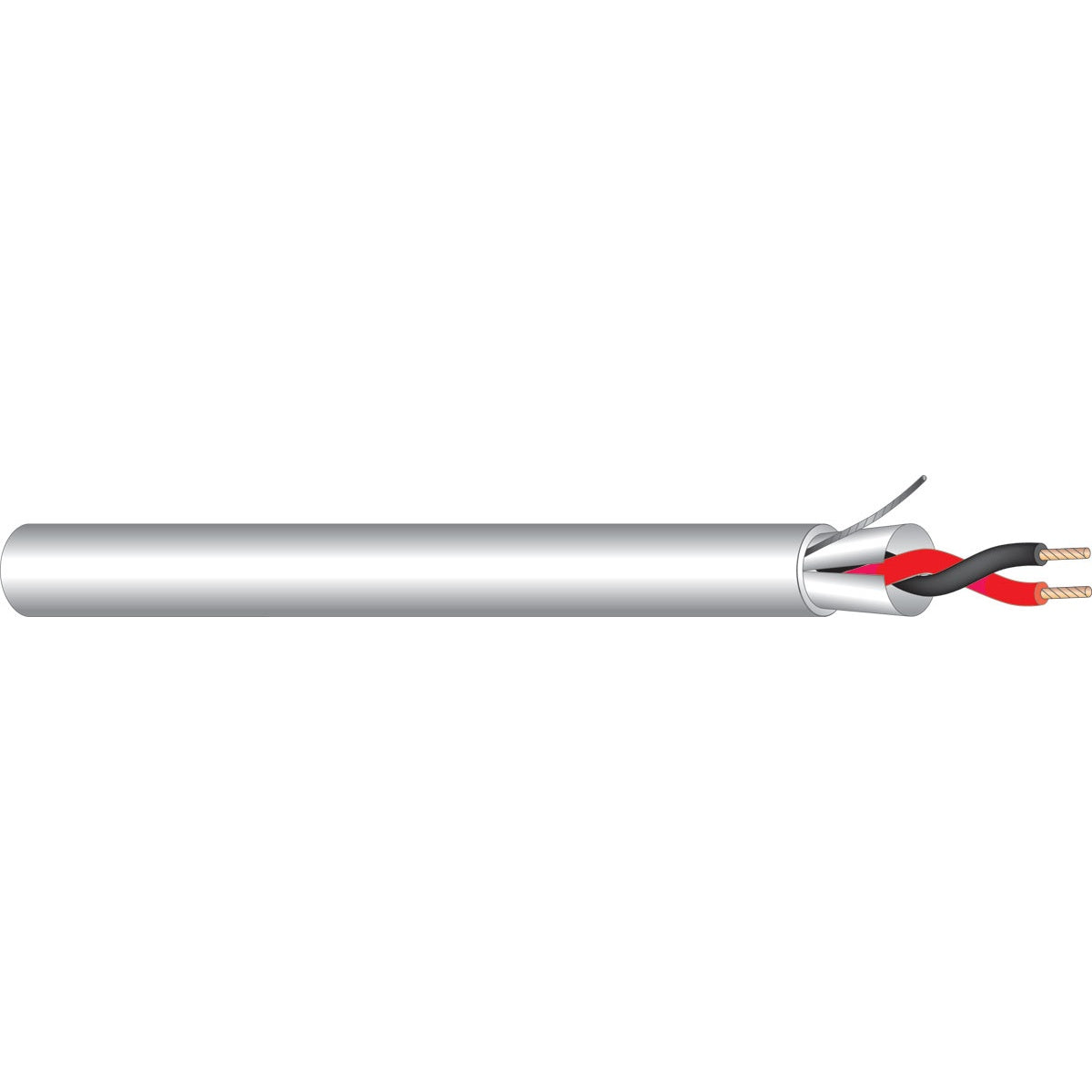 291WH1000 22 AWG balanced audio cable cutaway view showing white jacket, shield drain wire and twisted red and black conductors, West Penn