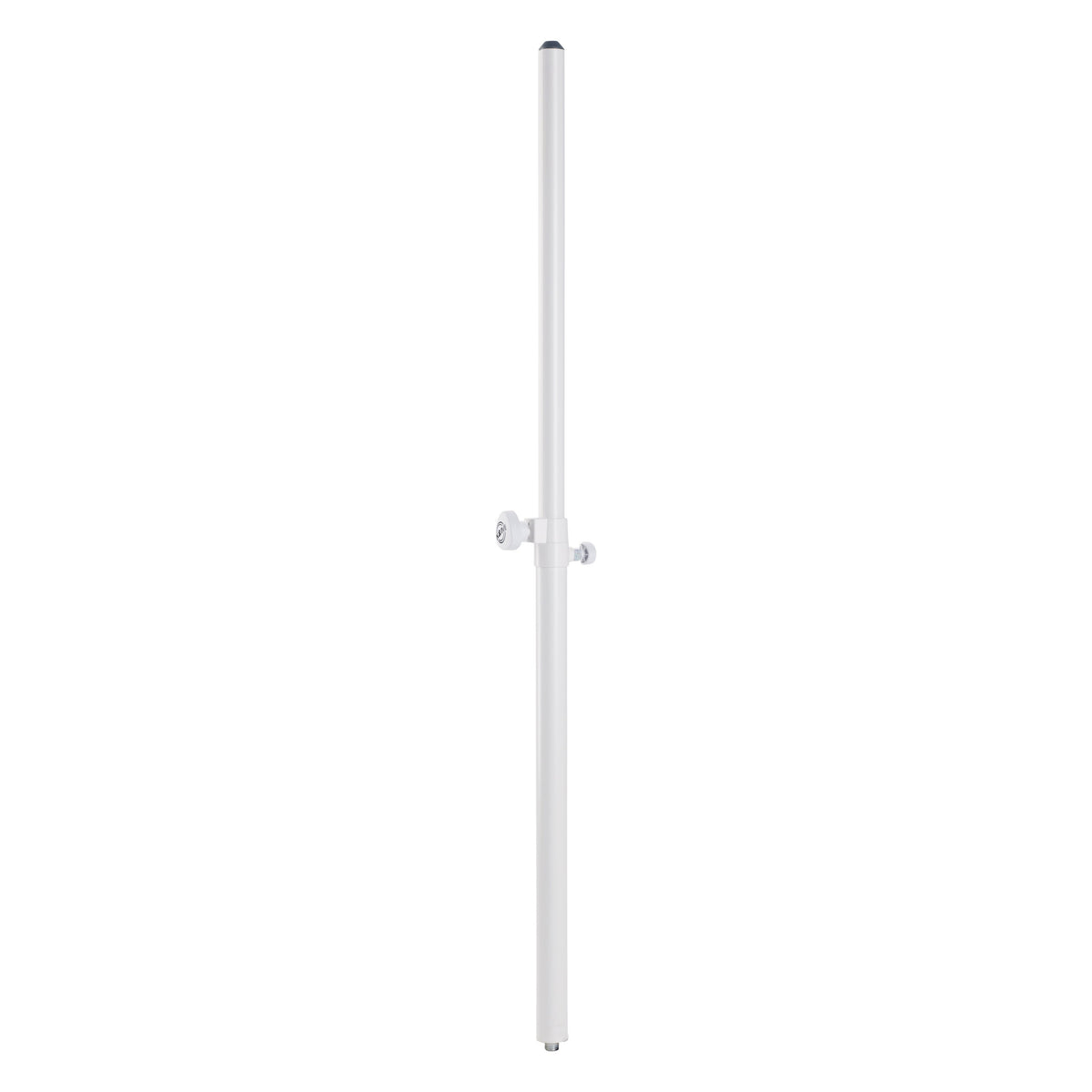 21337 distance rod full-length front view in pure white with telescoping clamp collar and two white locking knobs at mid-height, K&M