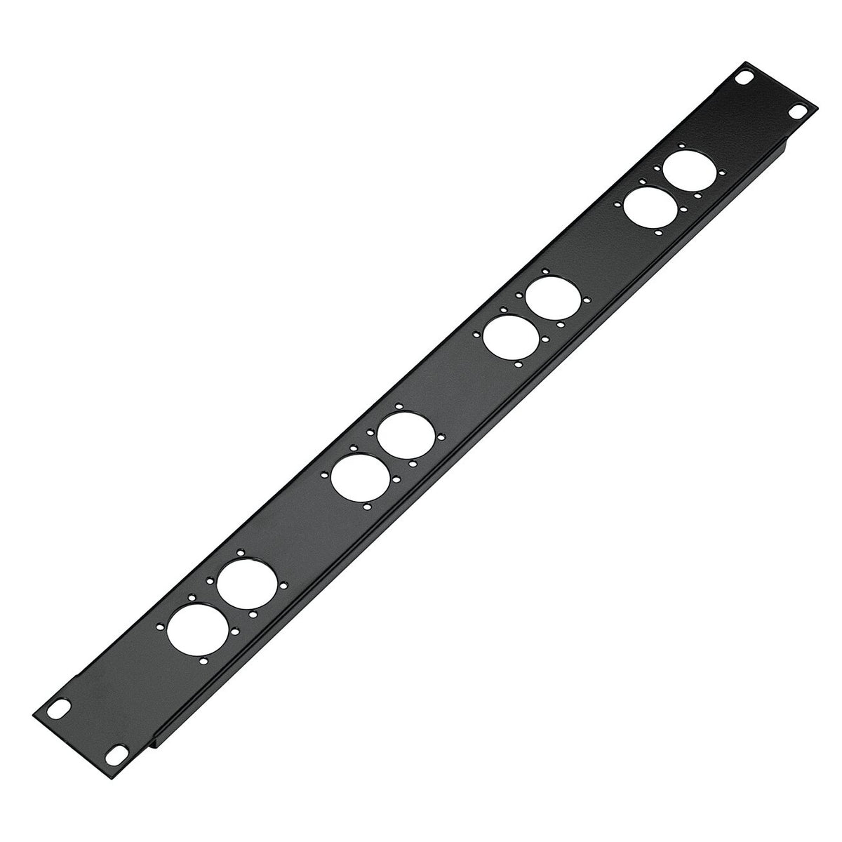 28308 1U rack connector panel angled front view showing eight D-size XLR cutouts in four pairs with screw holes and rack ear slots, black steel, K&M