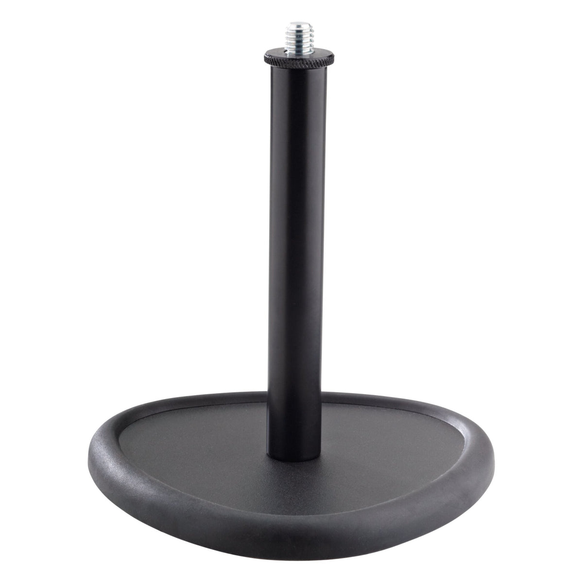 23230 compact table microphone stand front view showing black trilobular base, short upright tube and exposed threaded mic mount, K&M