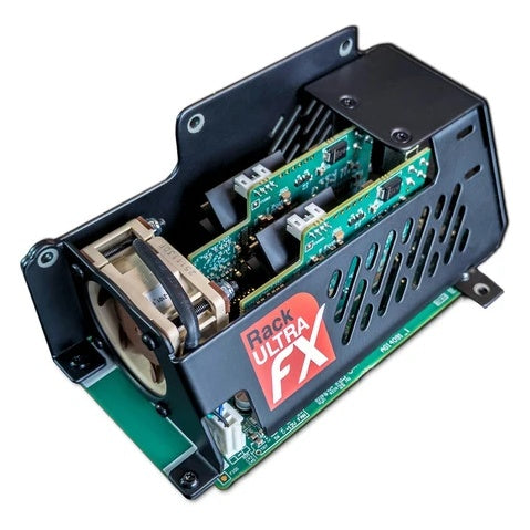 RackUltra FX upgrade module for Avantis Solo, angled view showing green circuit boards, cooling fan and vented steel chassis with Rack Ultra FX label, Allen & Heath