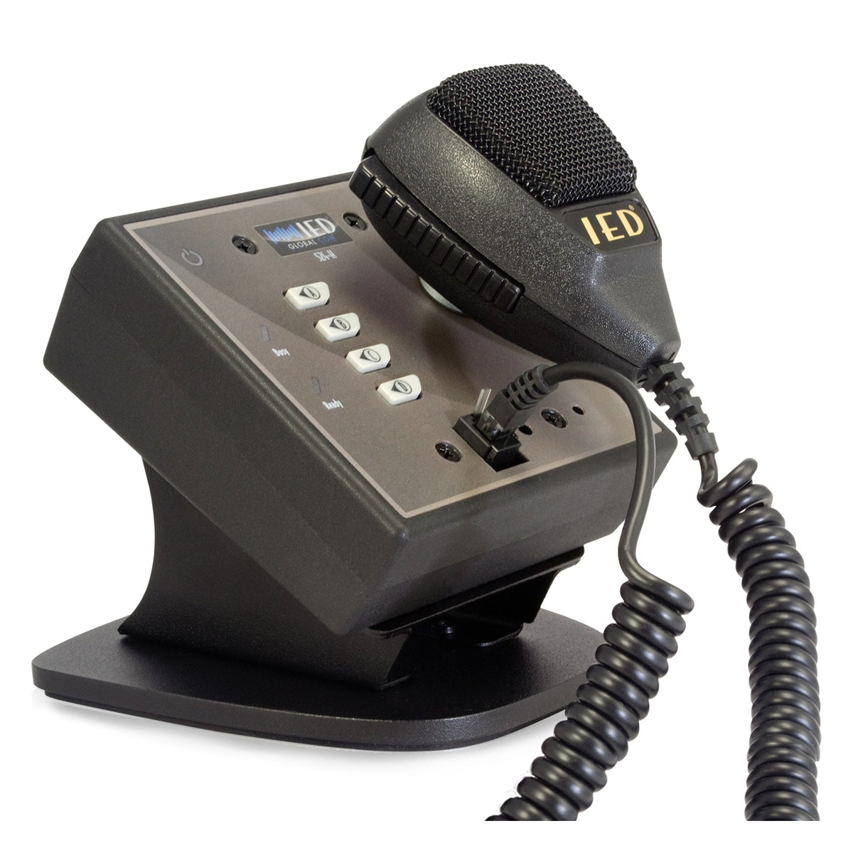 IEDA524-H digital intercom station angled front view with handheld push-to-talk microphone resting in cradle, coiled cable and four-button panel with OLED display, AtlasIED