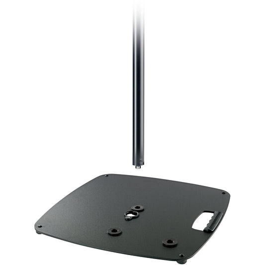 24626 distance rod bottom threaded end positioned above a black steel base plate with threaded sockets and carry handle cutout, K&M